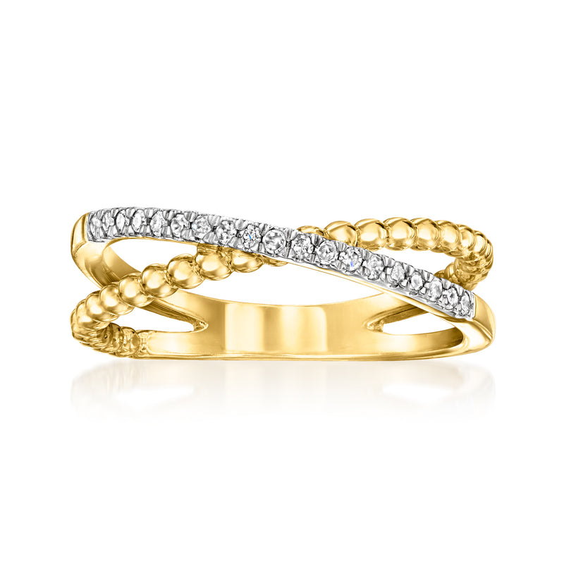 Diamond crisscross beaded ring, 18kt gold over sterling, wide band with clear stones