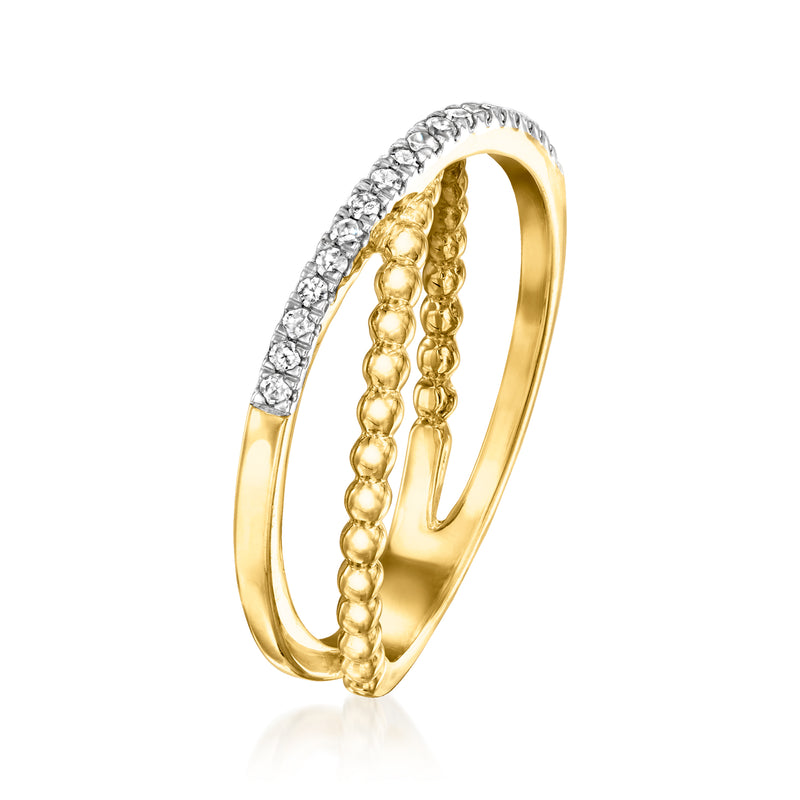 Diamond crisscross beaded ring, gold over sterling, curved band with pave stones