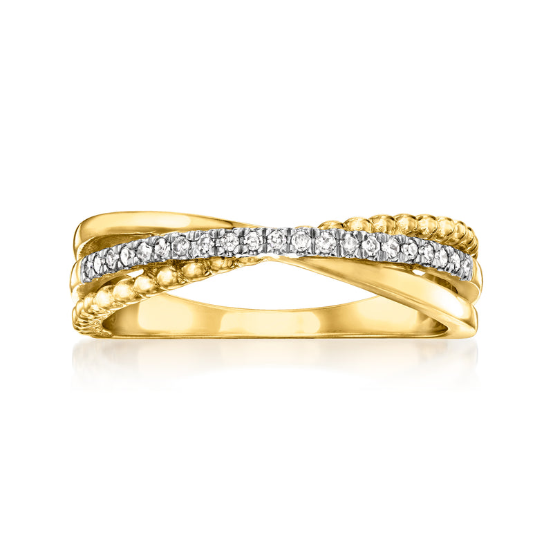Diamond three-row crisscross ring in gold-tone sterling with pave center band