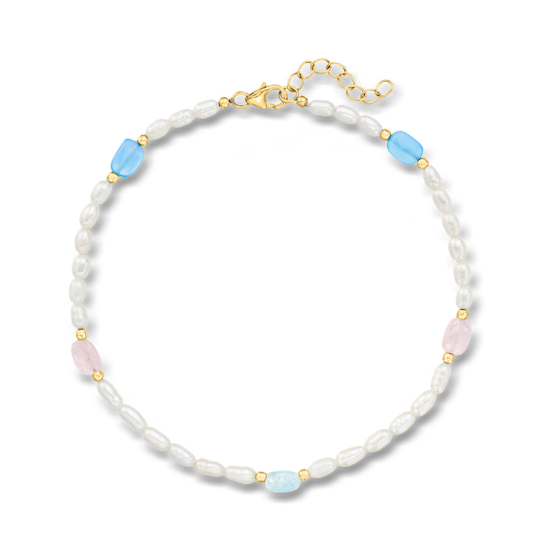 Cultured pearl anklet with blue and pink gemstone beads, gold over sterling
