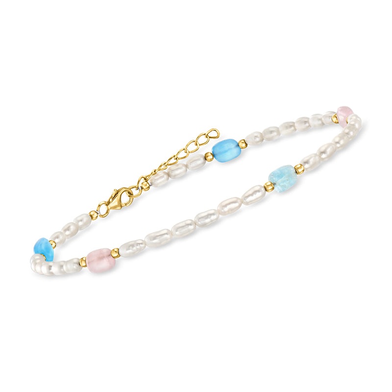 Pearl anklet with blue teardrop and pink round gemstone accents, gold clasp