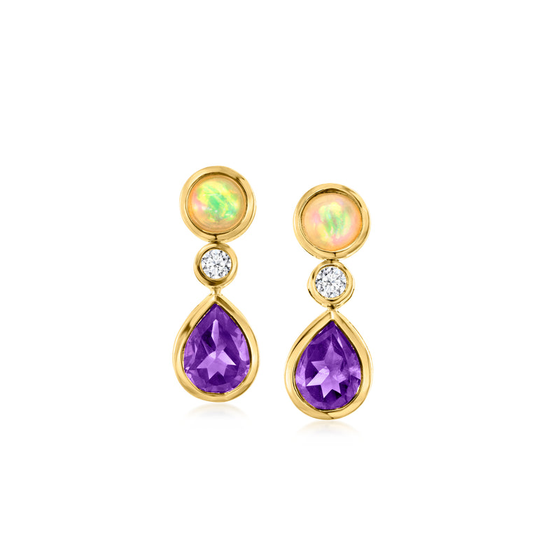 Gold drop earrings with opal-like round top, purple amethyst teardrops, and diamond accents