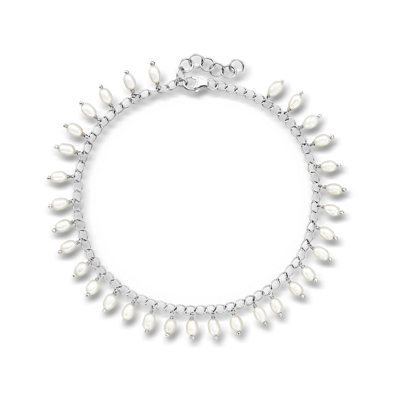 Sterling silver anklet with small drop cultured pearls, adjustable clasp