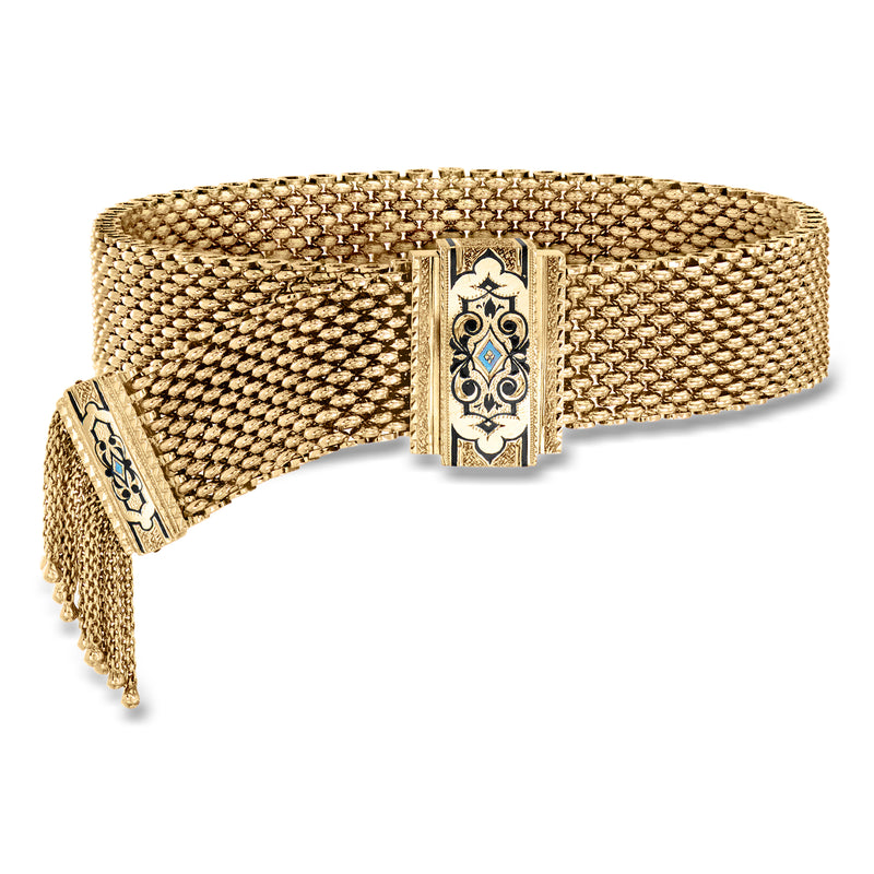 Vintage yellow gold mesh tassel bracelet with enamel centerpiece, hinged clasp