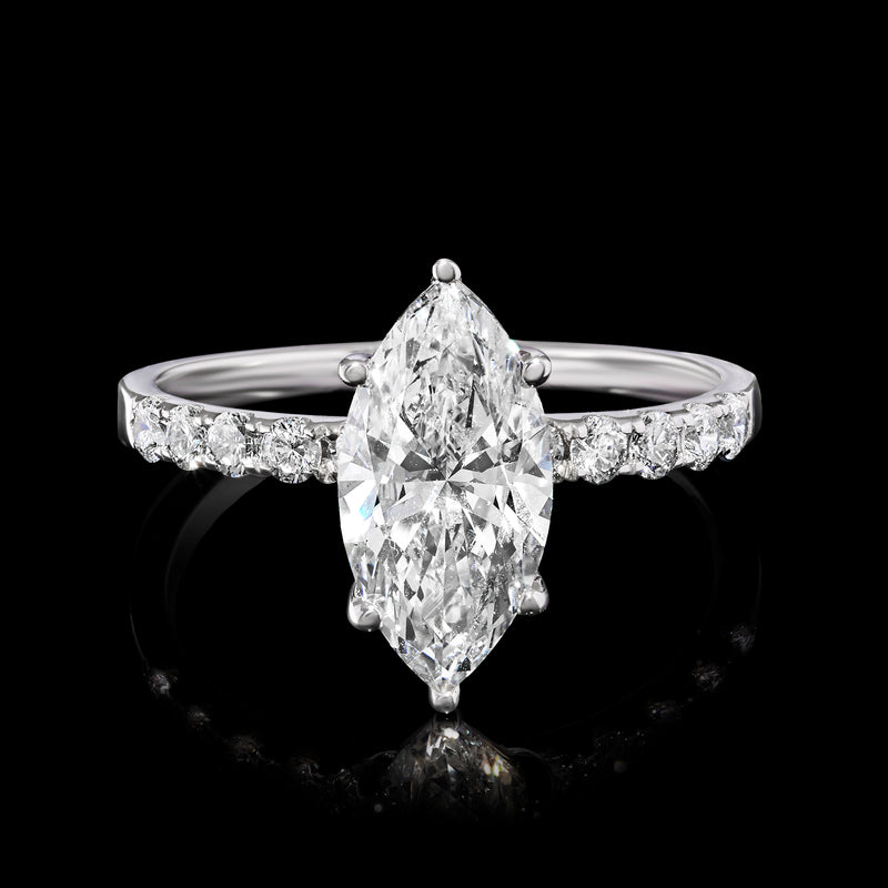 14kt white gold lab-grown diamond ring with marquise center stone and pavé band