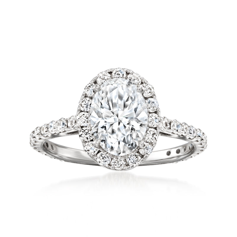 14kt white gold lab-grown diamond ring with oval halo and pavé band