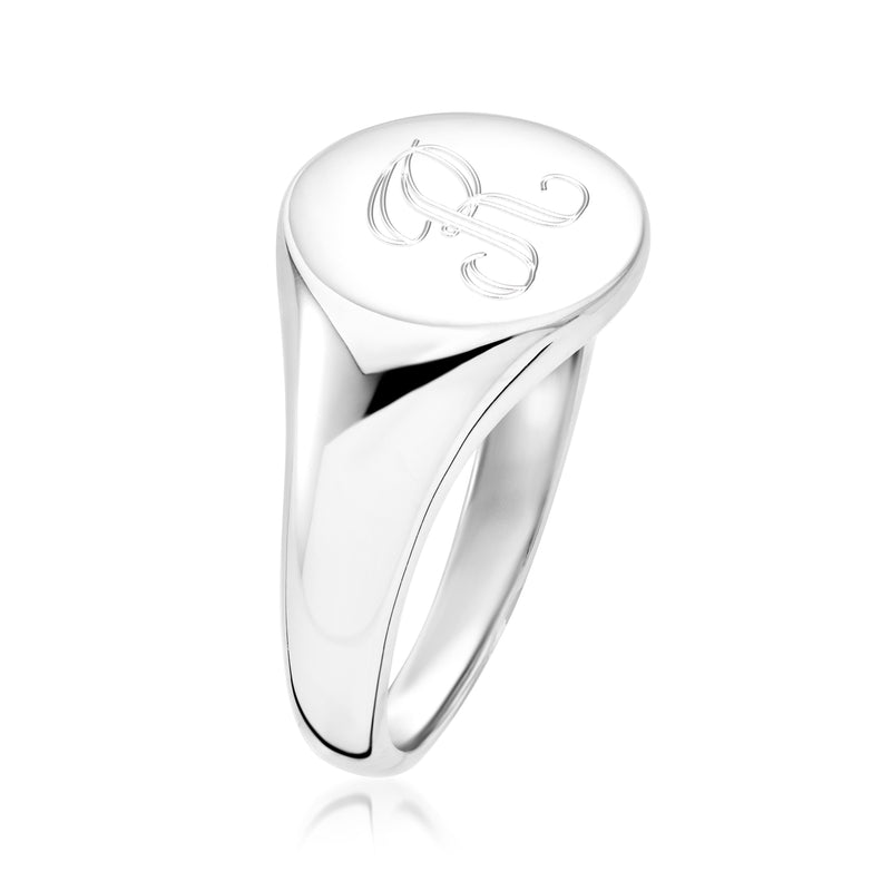 Sterling silver oval signet ring, side view with raised monogram face