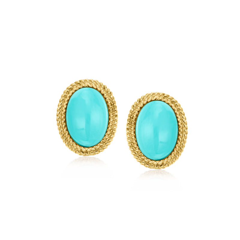 14kt yellow gold oval turquoise stud earrings, rope-edged bezel