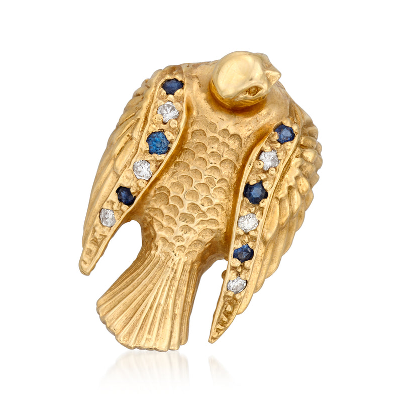 Vintage 14kt yellow gold bird pin with diamond and sapphire accents