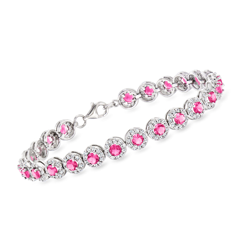 Sterling silver tennis bracelet with pink round gemstones and clear CZ accents