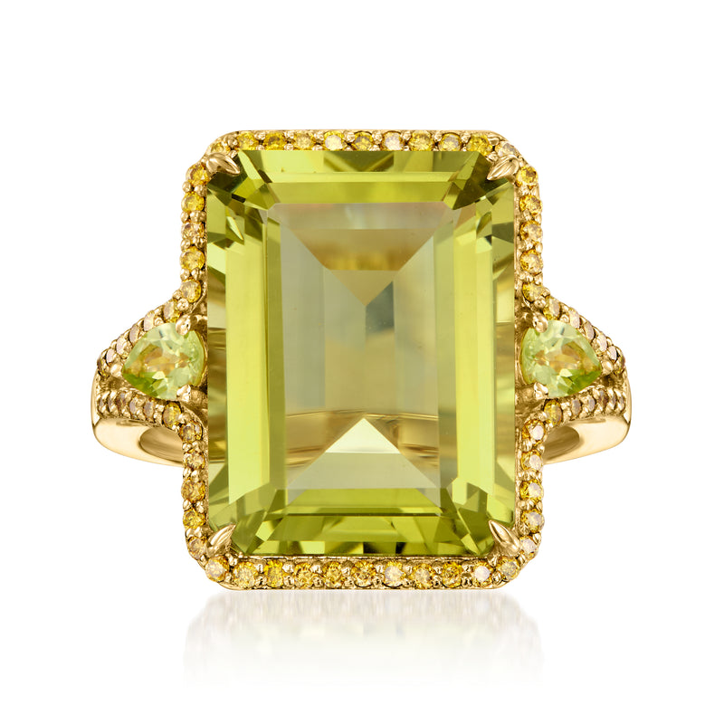 Lemon quartz ring with peridots and pavé yellow diamonds in 14kt yellow gold