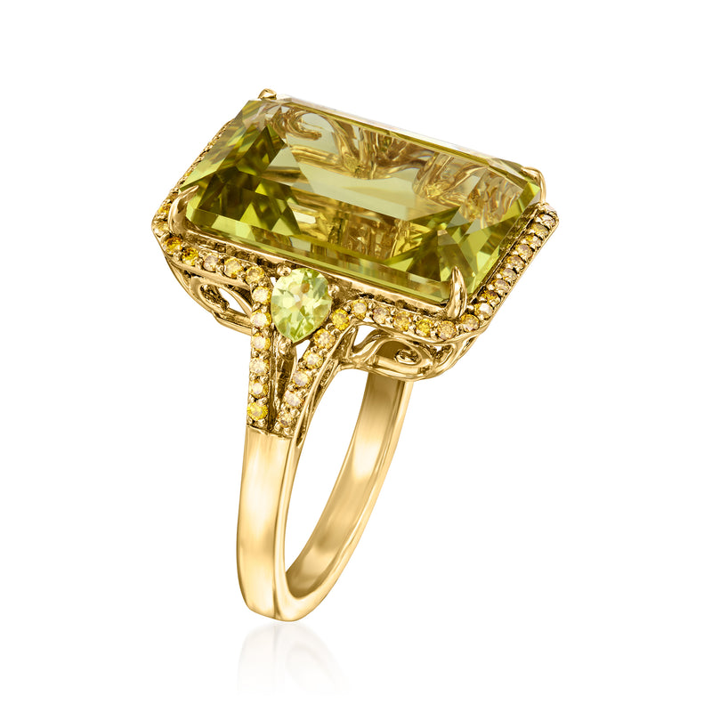 14kt yellow gold ring with large rectangular lemon quartz, peridot, and yellow diamond accents