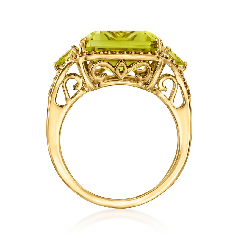 14kt yellow gold ring with open gallery under a square lemon quartz setting