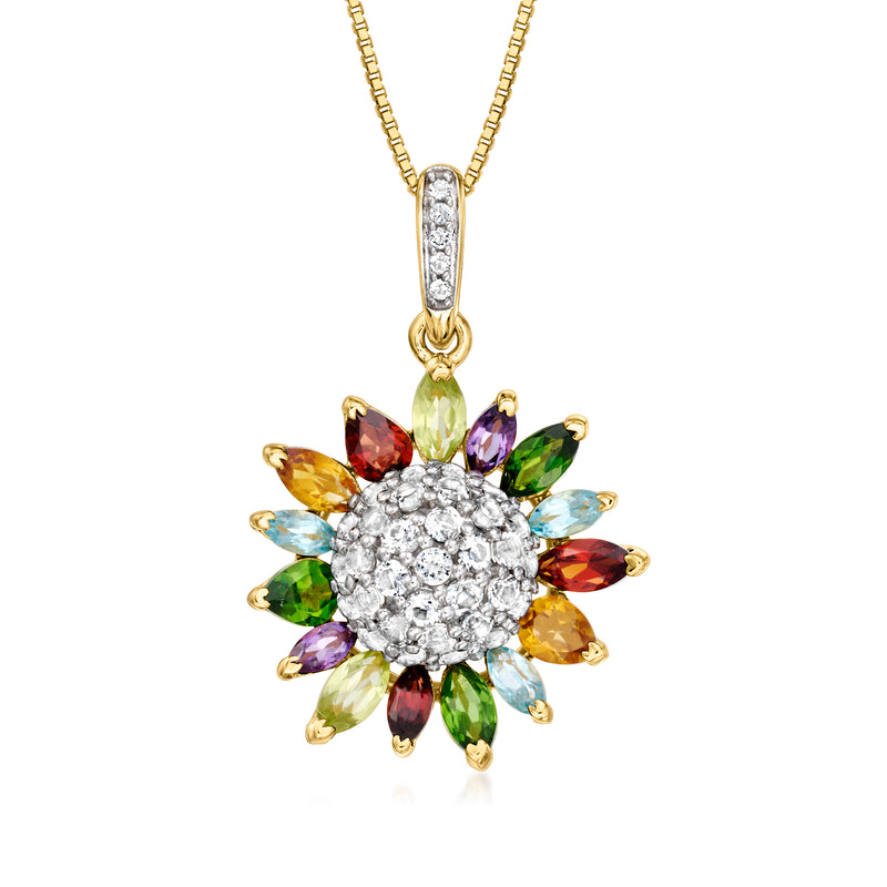 Gold-tone flower pendant necklace with multicolor gemstones and pave round center.