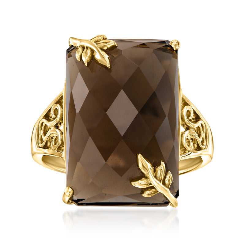 Gold leaf ring with large smoky quartz cushion-cut stone and ornate scroll setting