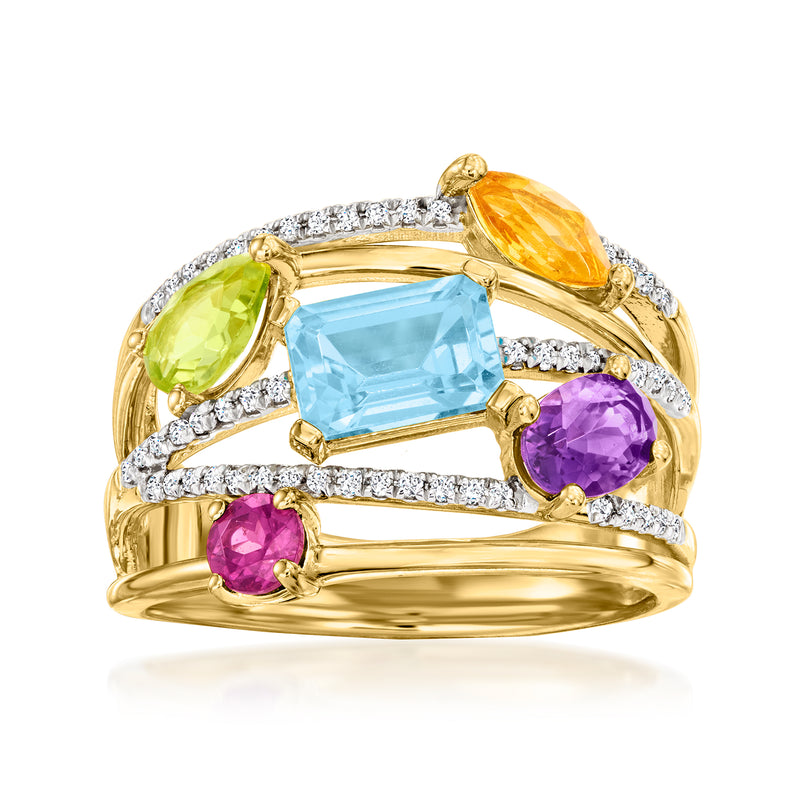 Gold over sterling multi-gem highway ring with blue, green, purple stones and diamond accents