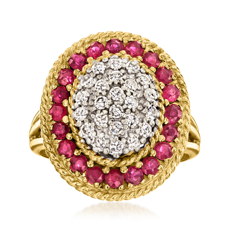 Vintage oval ruby and diamond cluster ring in 18kt yellow gold with pink stones