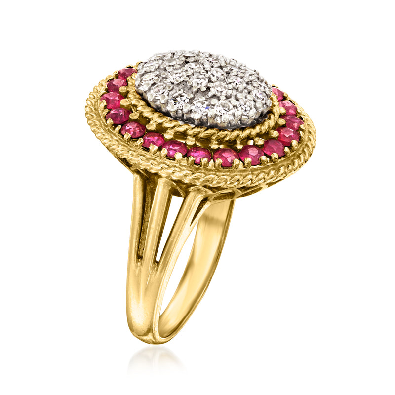 Side view ruby and diamond cluster ring in gold, oval white center with pink halo