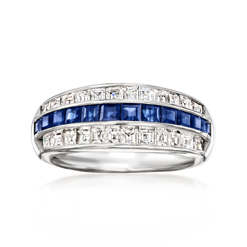 Platinum ring with channel-set blue sapphires and diamond rows