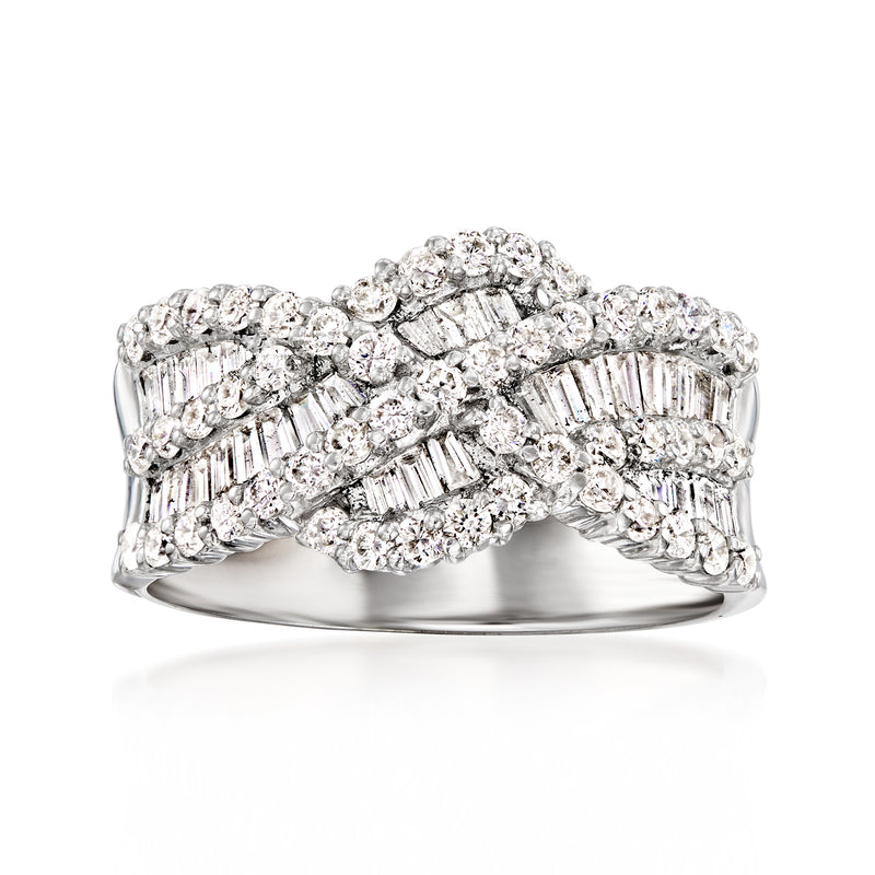Twisted diamond ring in white gold with baguette and round stones, wide band