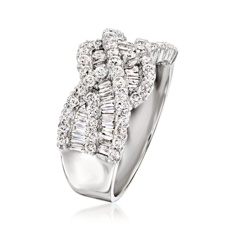White gold diamond twisted ring with baguette and round stones, side view
