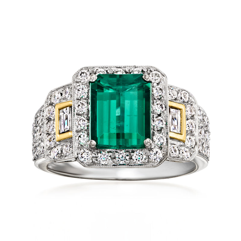 Vintage 18kt white gold ring with square green tourmaline and diamond halo
