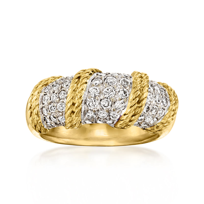 Two-tone gold diamond roped-station ring with three clustered crystal-like panels