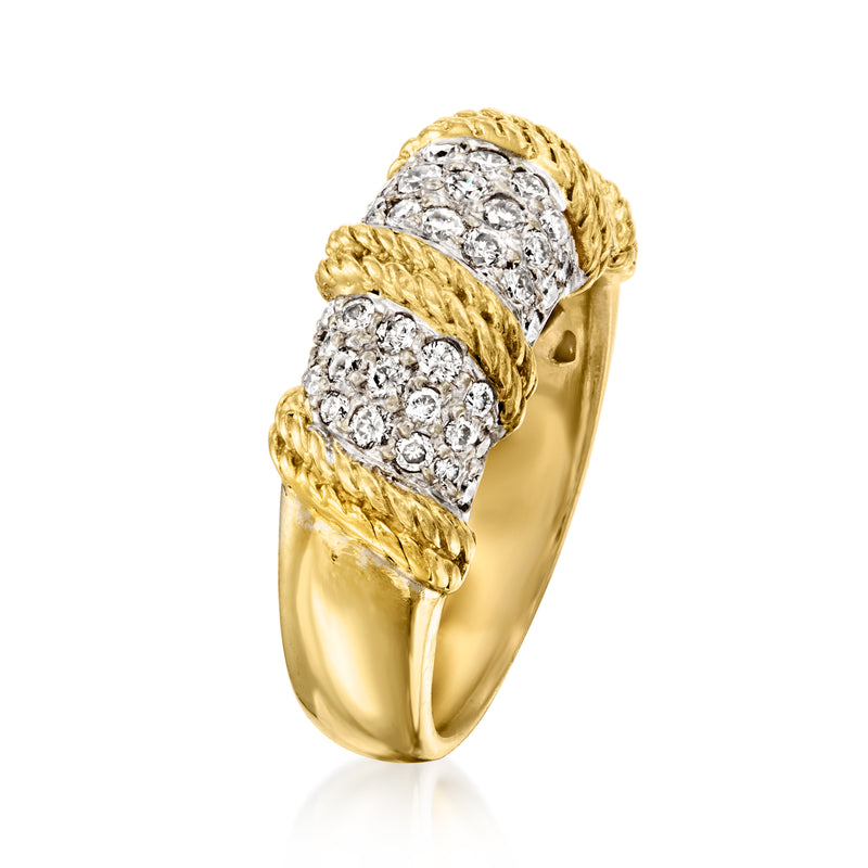 Two-tone gold diamond roped-station ring, side view with round clustered stones