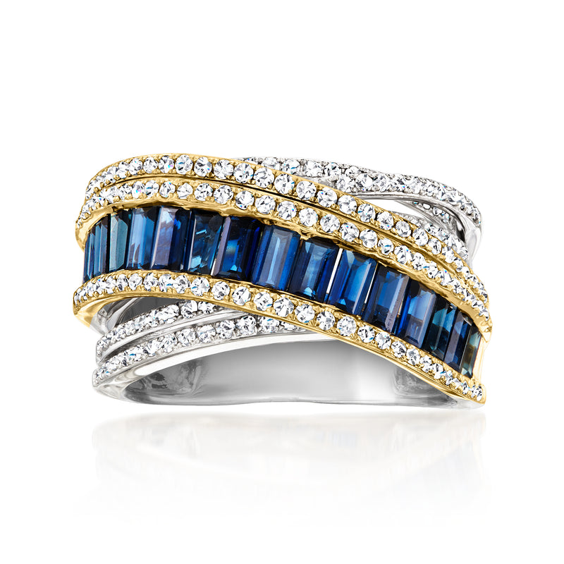 Two-tone gold sapphire and diamond highway ring with blue stone row