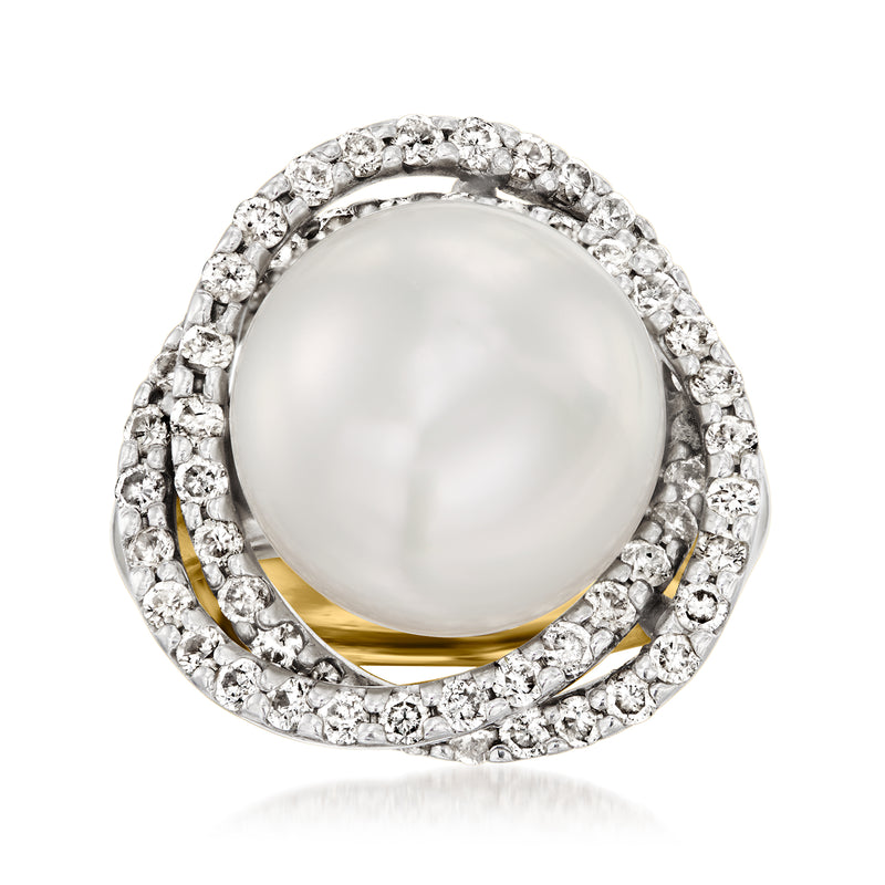 Two-tone gold ring with large white cultured pearl and diamond halo setting
