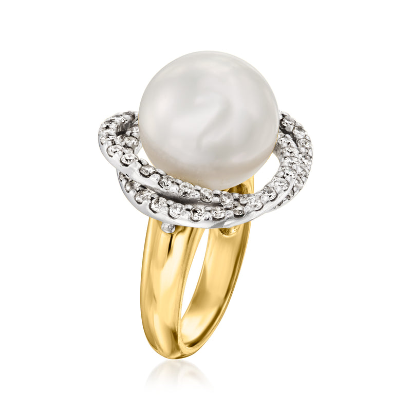 Two-tone gold ring with white pearl dome, diamond-studded double band