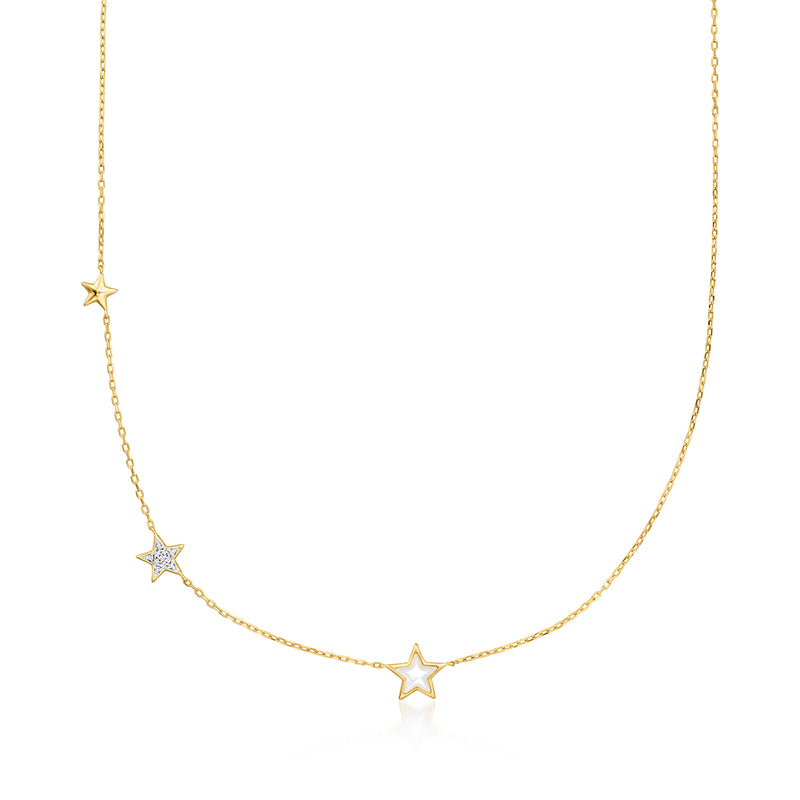Gold star necklace with mother-of-pearl center and diamond accents, delicate chain