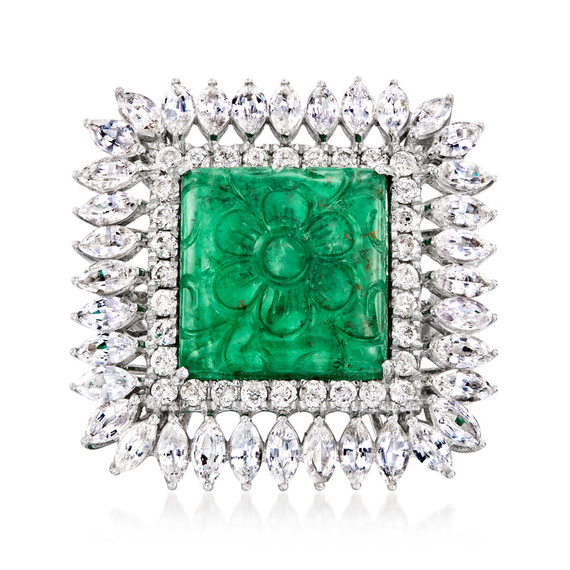 Emerald-cut green emerald ring with white sapphire & diamond halo, 18kt white gold