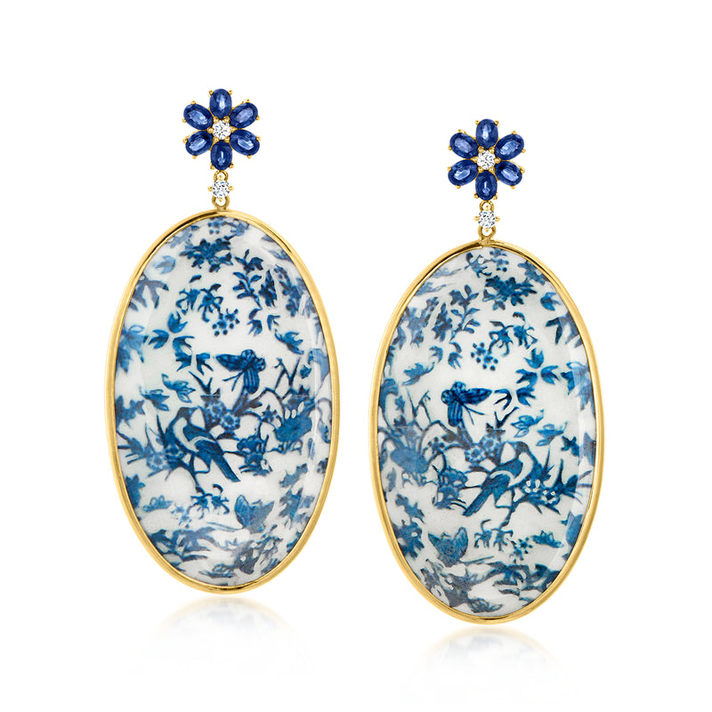 Blue and white oval drop earrings with chinoiserie pattern, sapphire flower tops, gold frames
