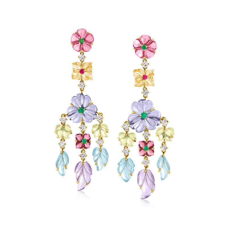 Floral chandelier drop earrings in 18kt yellow gold with multi-color gemstones and diamond accents