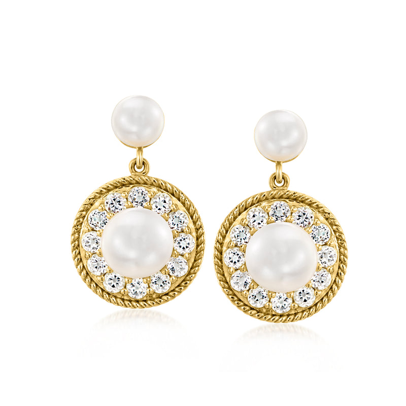 Cultured pearl circle drop earrings in gold with crystal halo rings