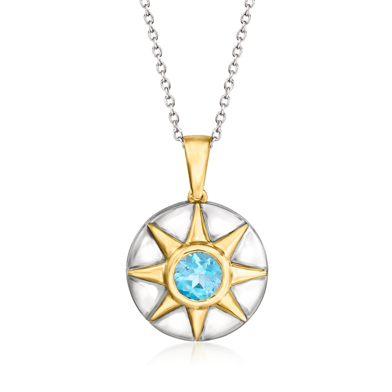 Sunburst pendant necklace with round blue topaz in gold bezel on silver chain