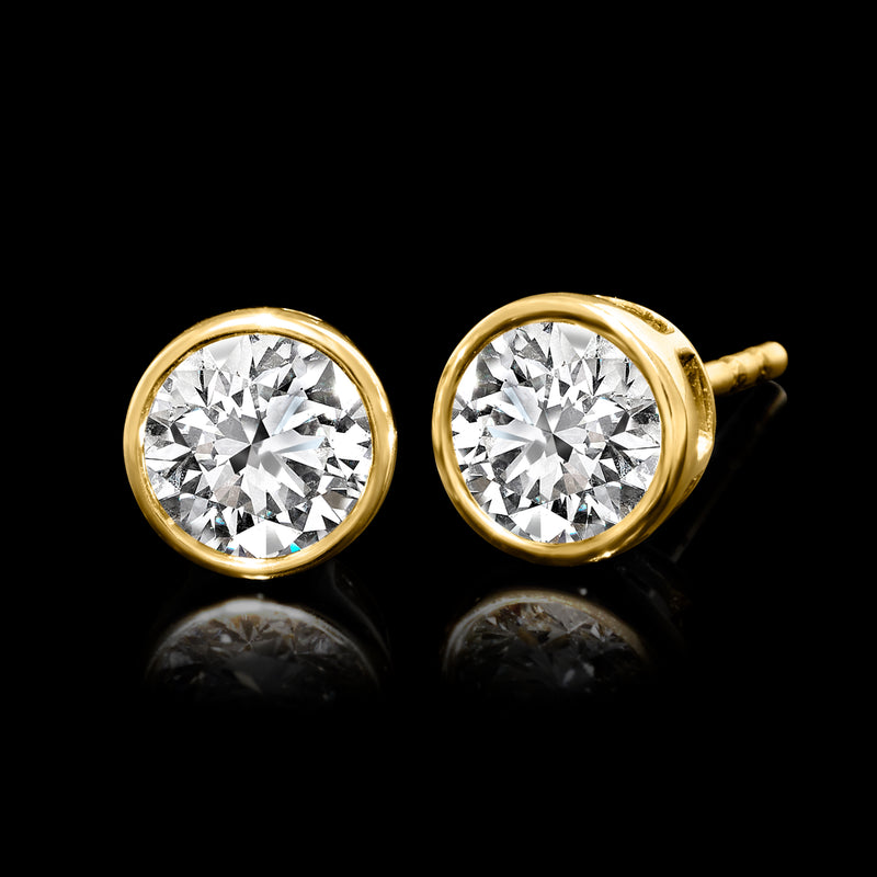 Round lab-grown diamond stud earrings in 14kt yellow gold bezel settings