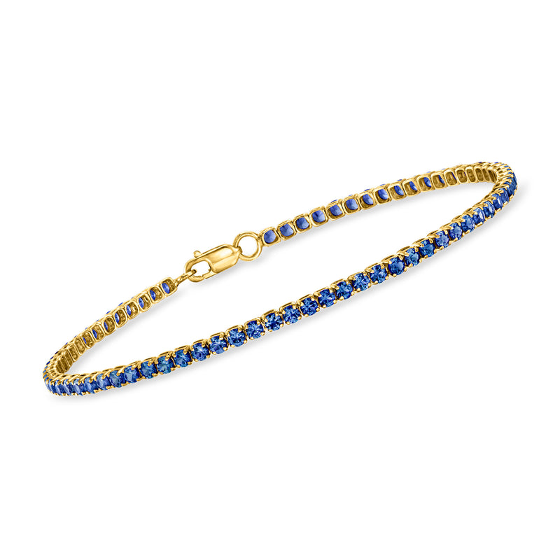 Gold vermeil tennis bracelet with blue lab-grown sapphire tennis stones, clasp detail