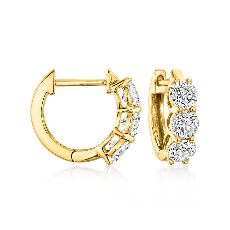 14kt yellow gold three-stone huggie hoop earrings with three round lab-grown diamonds