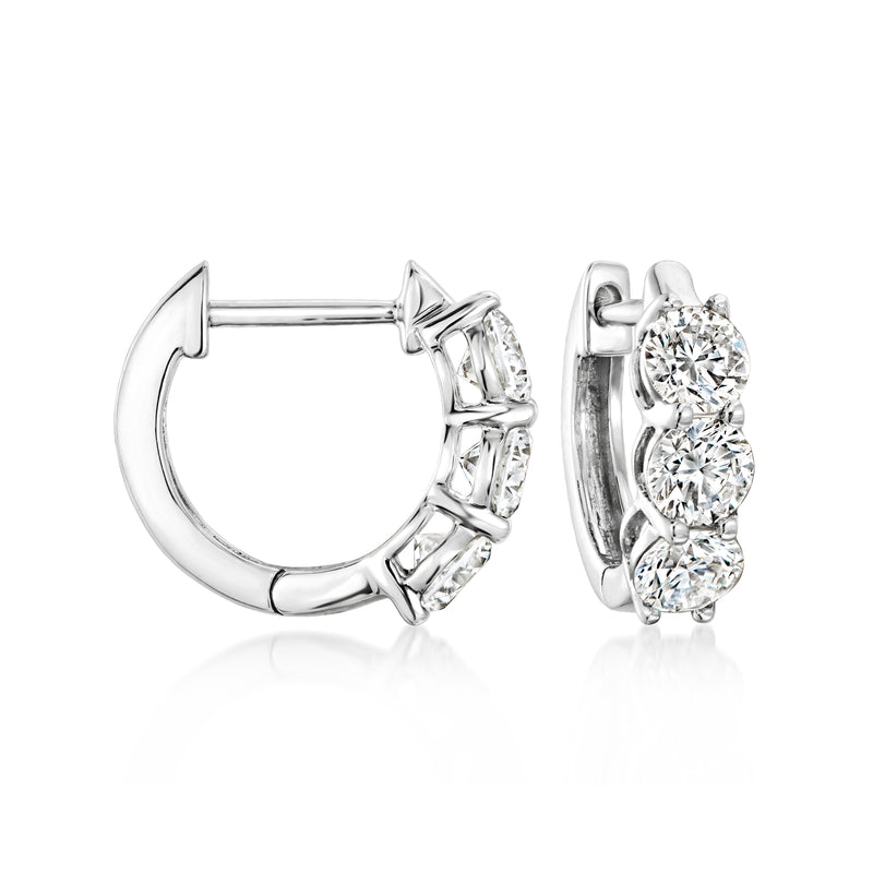 14kt white gold three-stone huggie hoop earrings with round lab-grown diamonds