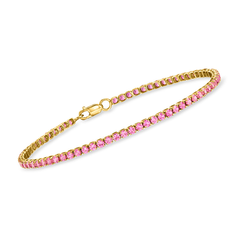 Pink sapphire tennis bracelet with round stones in 18kt gold vermeil, hinged clasp