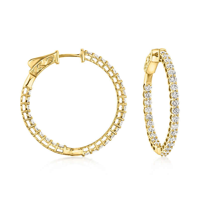 14kt yellow gold hoop earrings with inside-out round diamond rows