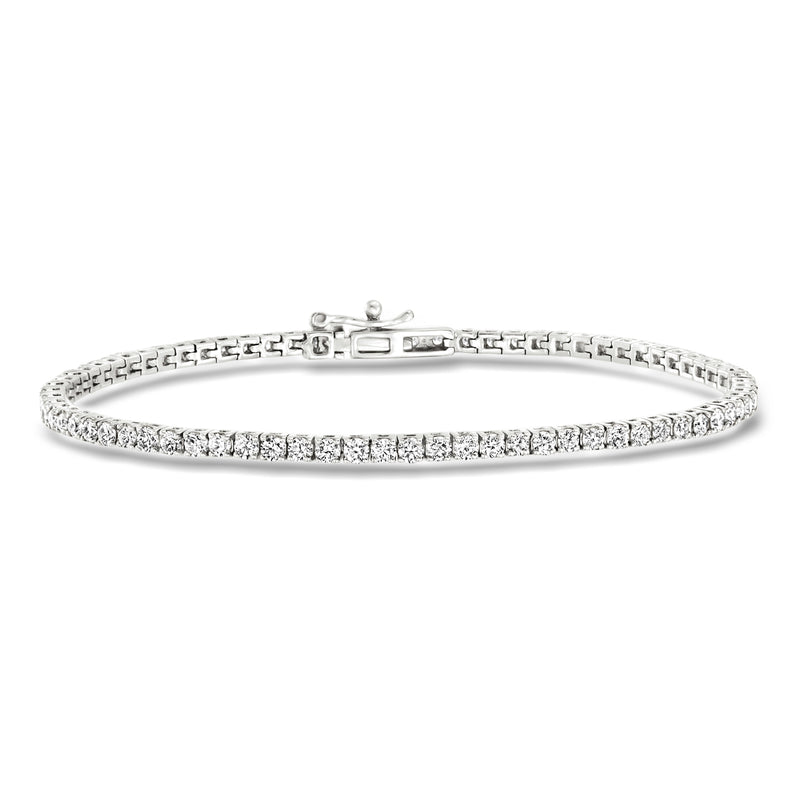 Lab-grown diamond tennis bracelet in 14kt white gold, round-stone row, hinged clasp