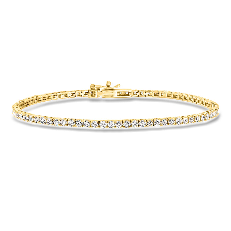 14kt yellow gold tennis bracelet with round diamond row and box clasp.