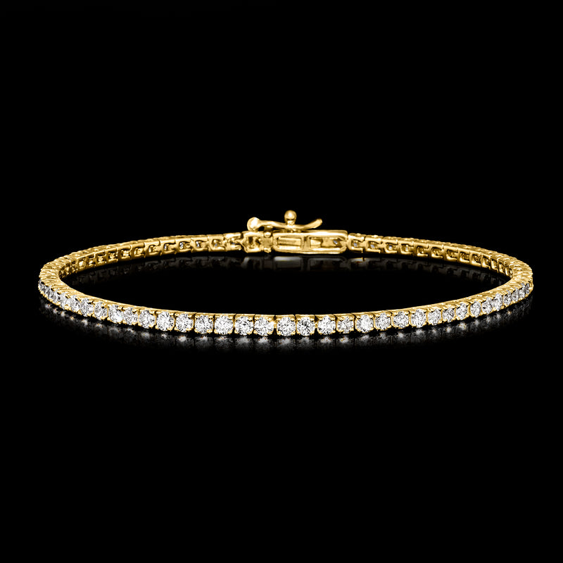 Yellow gold tennis bracelet with round diamond row and center box clasp detail.