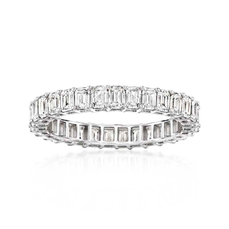 White gold eternity band with emerald-cut lab-grown diamond rows.