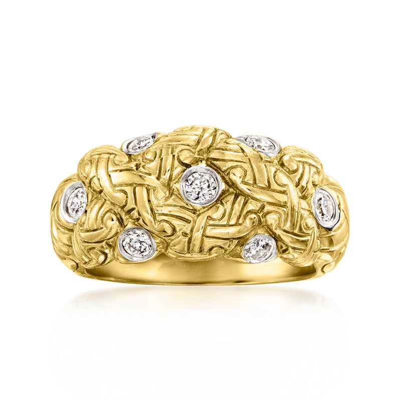 18kt yellow gold diamond braided ring with round stones, vintage style
