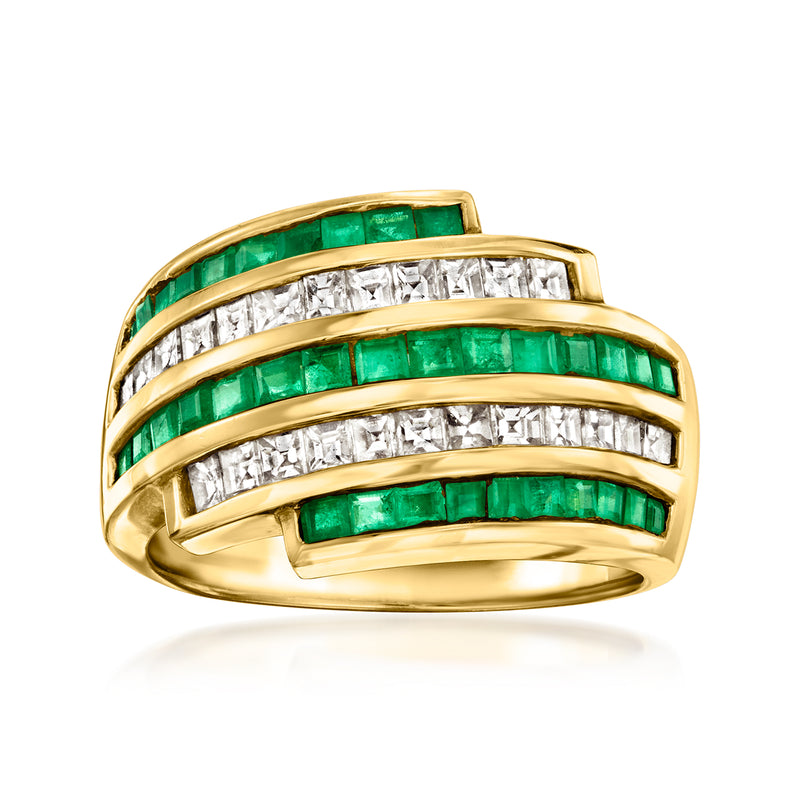 18k yellow gold multi-row ring with emerald and diamond bands, stepped emerald settings