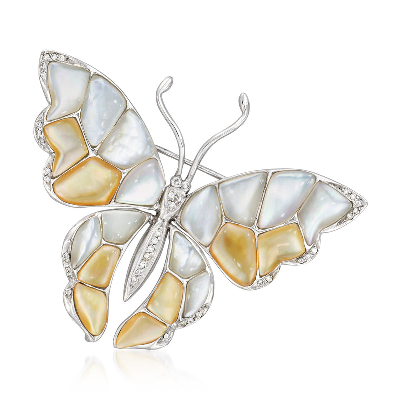 Vintage butterfly pin pendant with mother-of-pearl wings and diamond accents, white gold tone